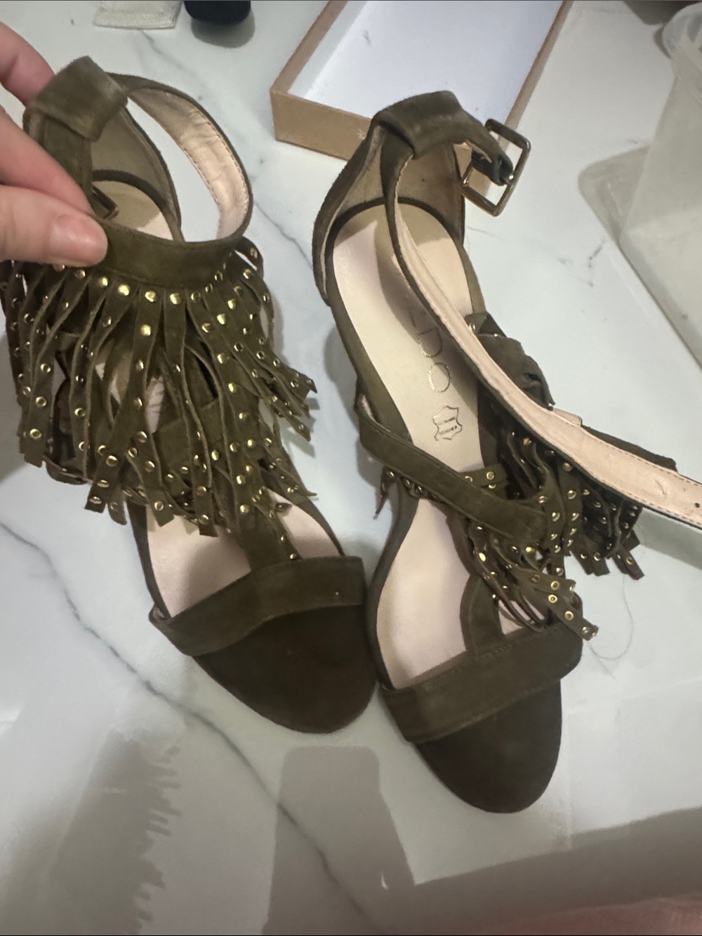 Aldo Olive Fringe Stud Ankle-Strap Heels